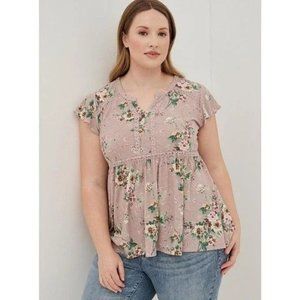 Torrid Babydoll Knit Notch Neck Lace Trim Top Floral Boho Soft Blouse Size 5